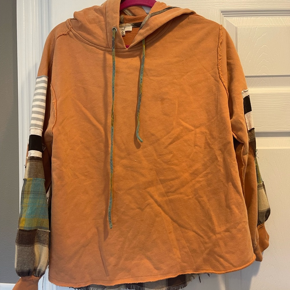 Women's Burnt Orange Patch-Sleeve Hoodie Sweatshirt